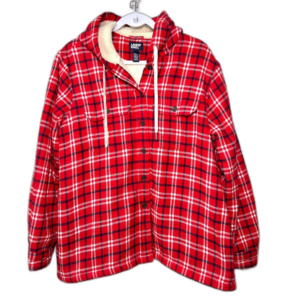 Lands' End Sherpa-Lined Hooded Flannel Shirt Jacket Large